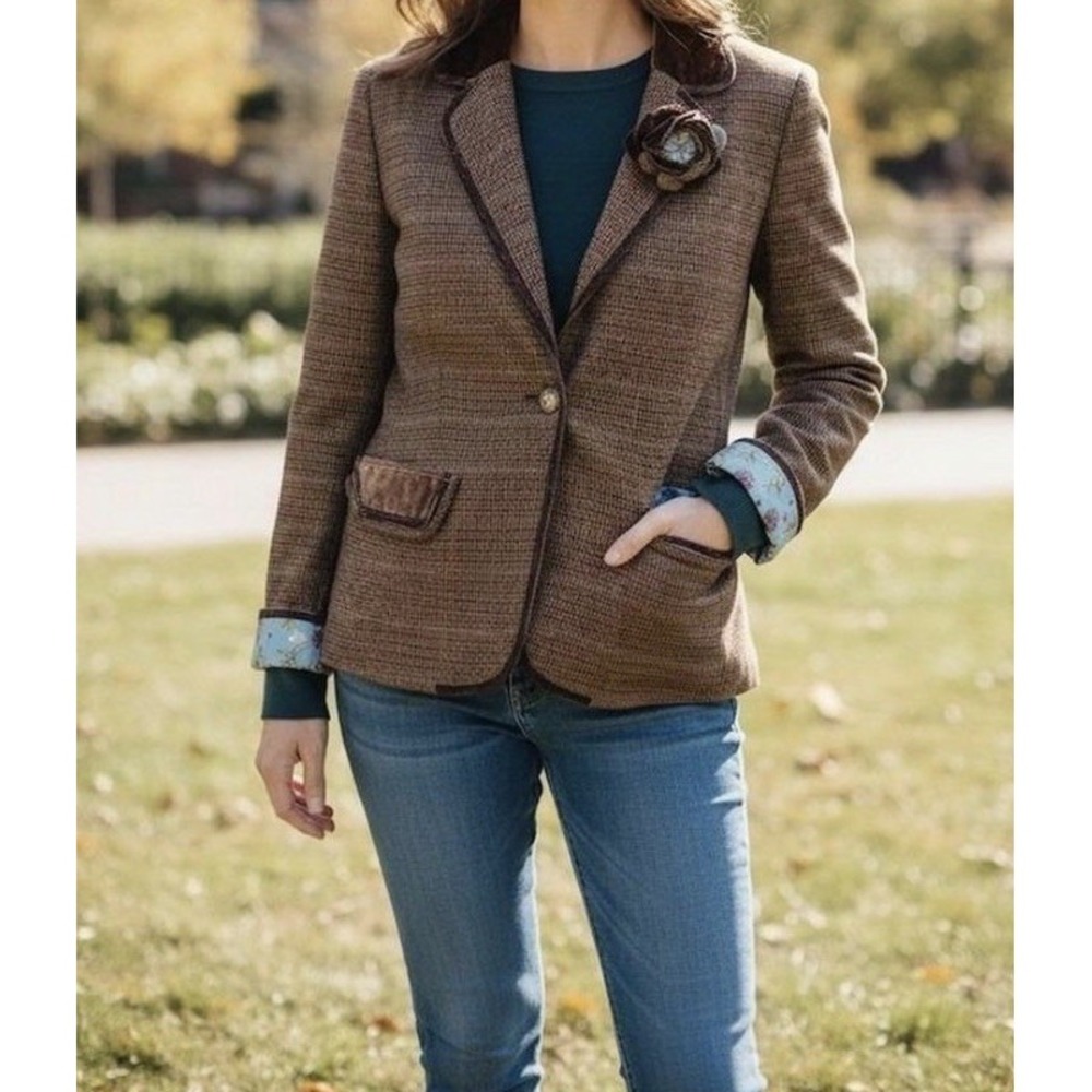 J. Jill Jacket Brown Wool Plaid Blazer 14 Velvet Trim Button Front Peppy